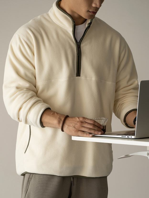 老錢風復古搖粒絨半拉鍊衛衣男秋冬加絨加厚保暖休閒長袖T恤