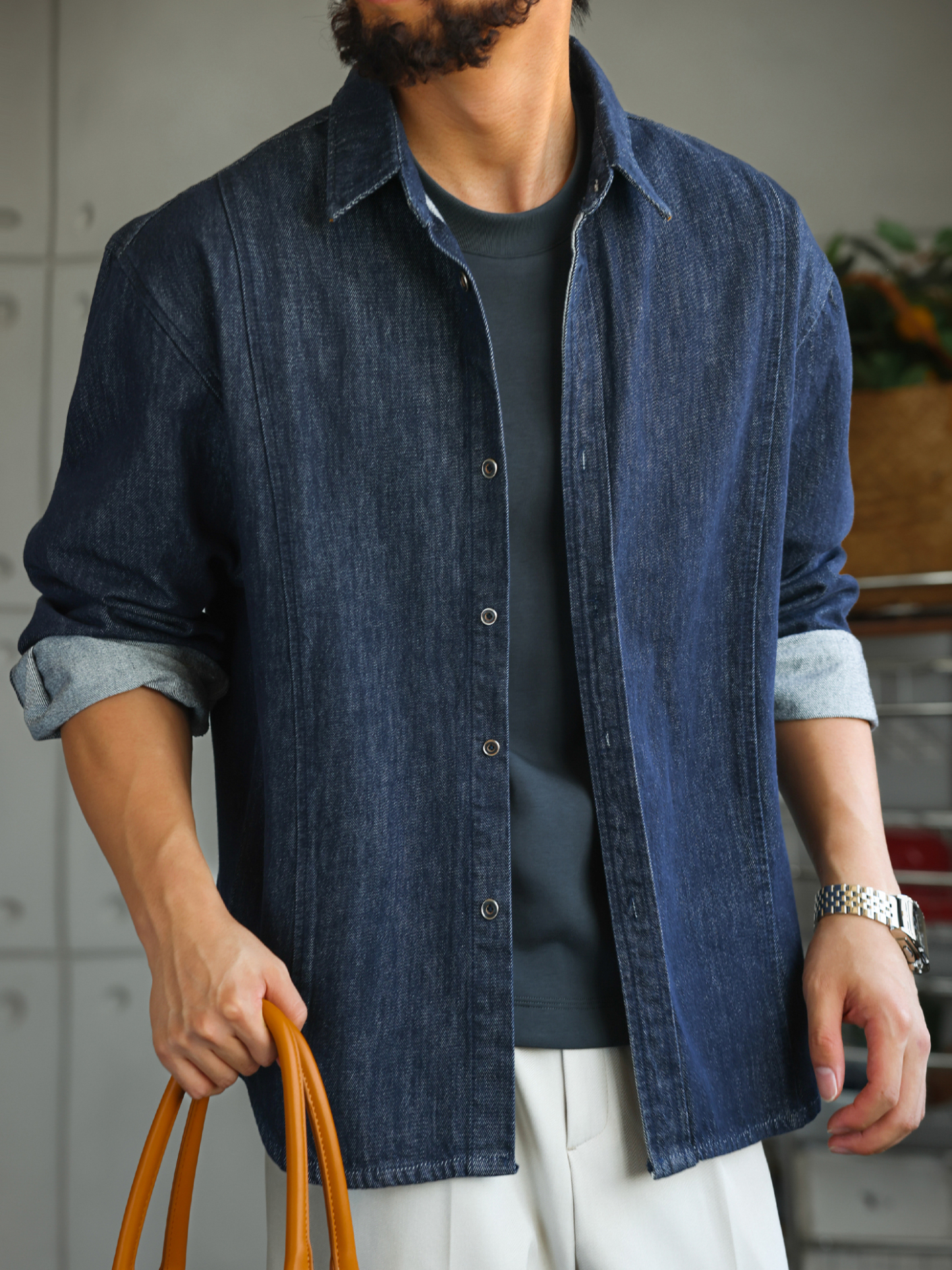 【原色丹寧】酵素水洗棉質牛仔長袖襯衫男士休閒商務襯衣