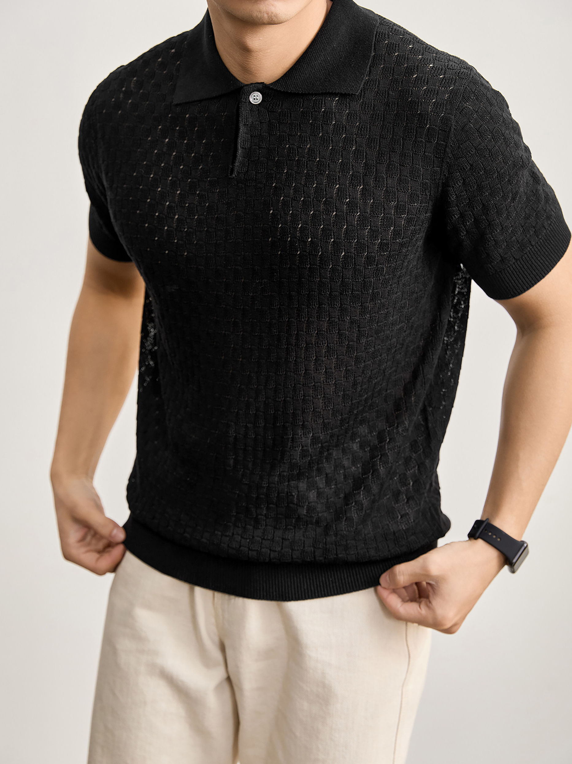 個性透氣蜂巢鏤空提花針織肌理T恤亞麻萊賽爾短袖polo衫男夏