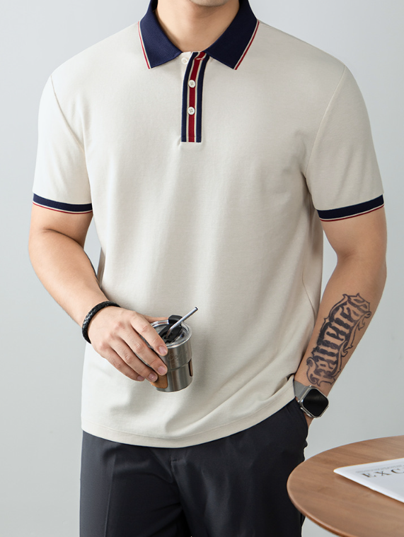 絲韻LuxePique珠地輕奢POLO衫短袖男夏季高端撞色翻領T恤商務休閒