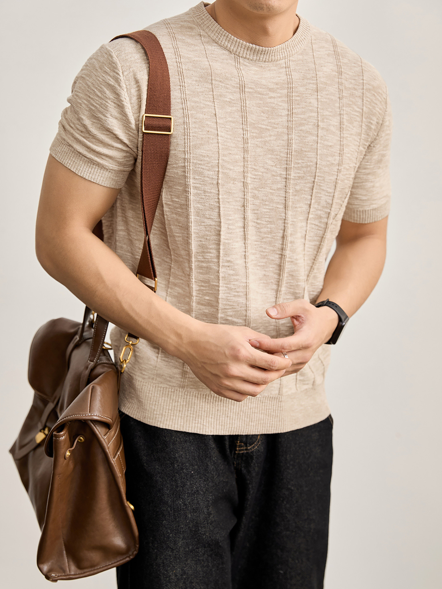 夏季男士豎條肌理感針織棉麻短袖T恤衫花紗混色亞麻圓領上衣