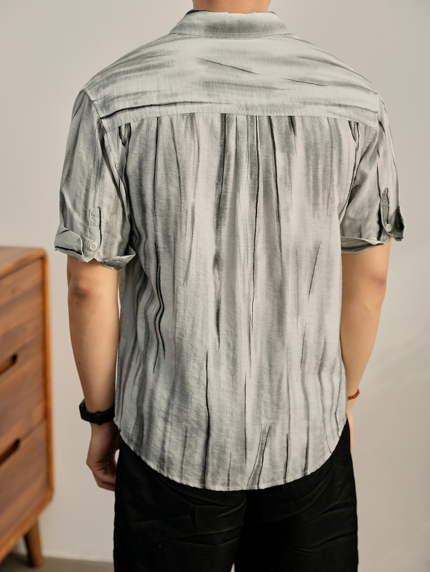 藝術感暈染漸變紋理短袖襯衫男夏親膚萊賽爾垂墜感半袖襯衣