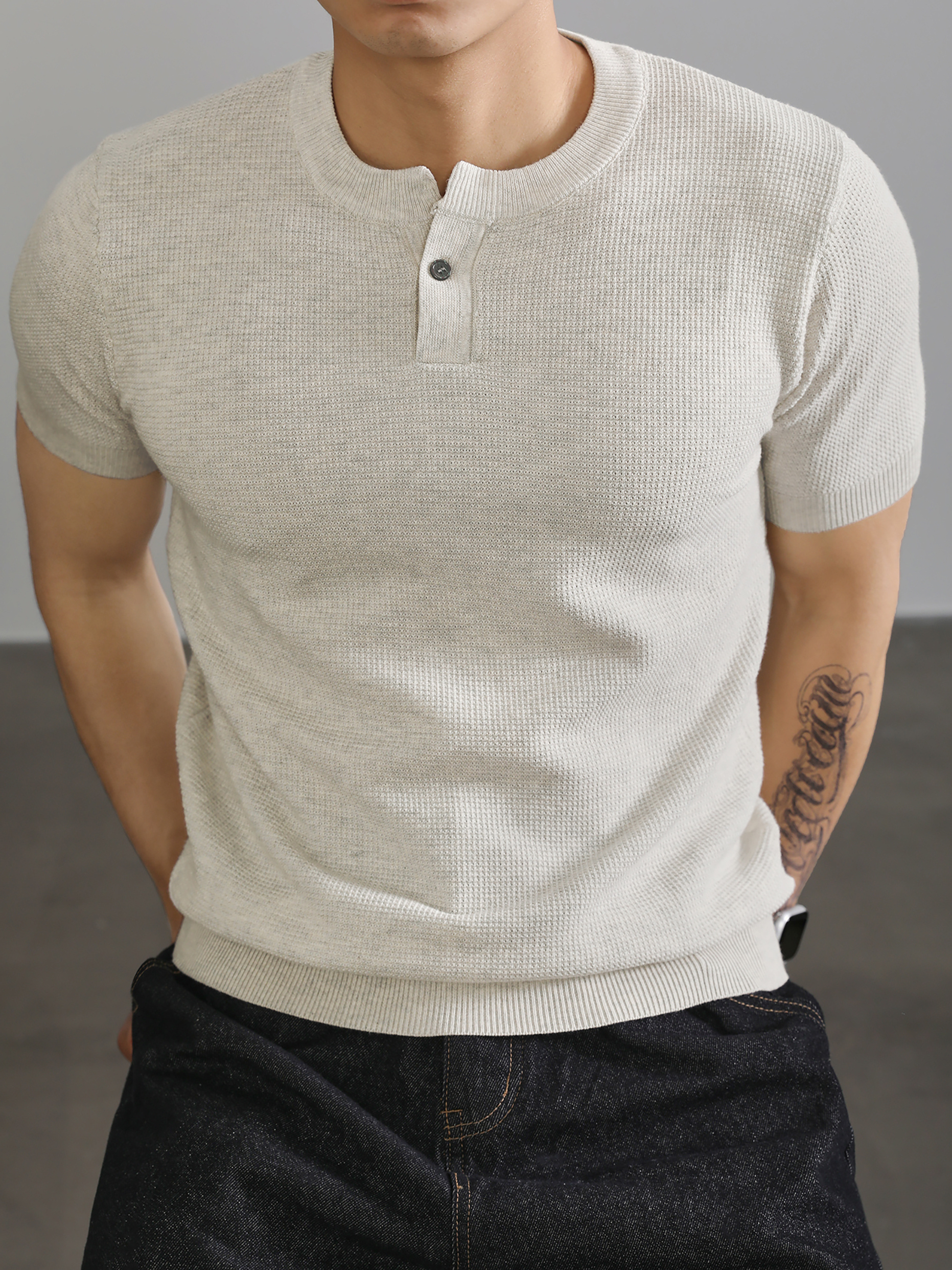 亨利領收袖短袖T恤針織衫男高級感針織肌理運動休閒體恤上衣