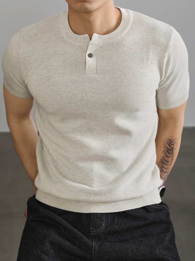 亨利領收袖短袖T恤針織衫男高級感針織肌理運動休閒體恤上衣