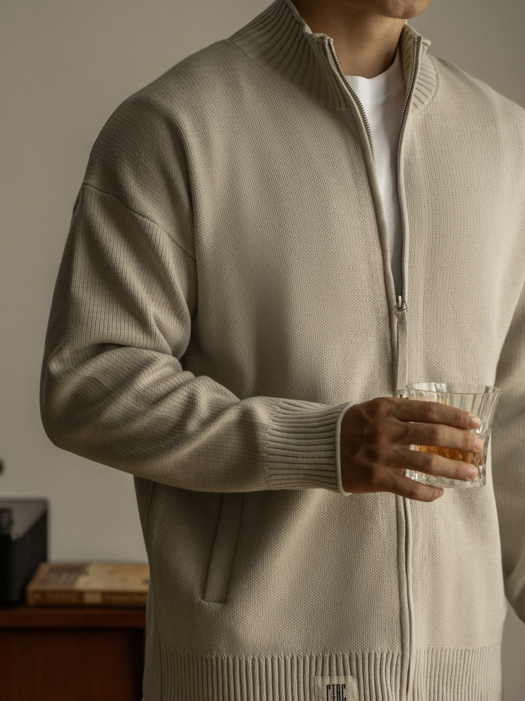 拉鍊開衫毛衣外套男士秋冬立領微寬鬆針織衫基礎休閒上衣