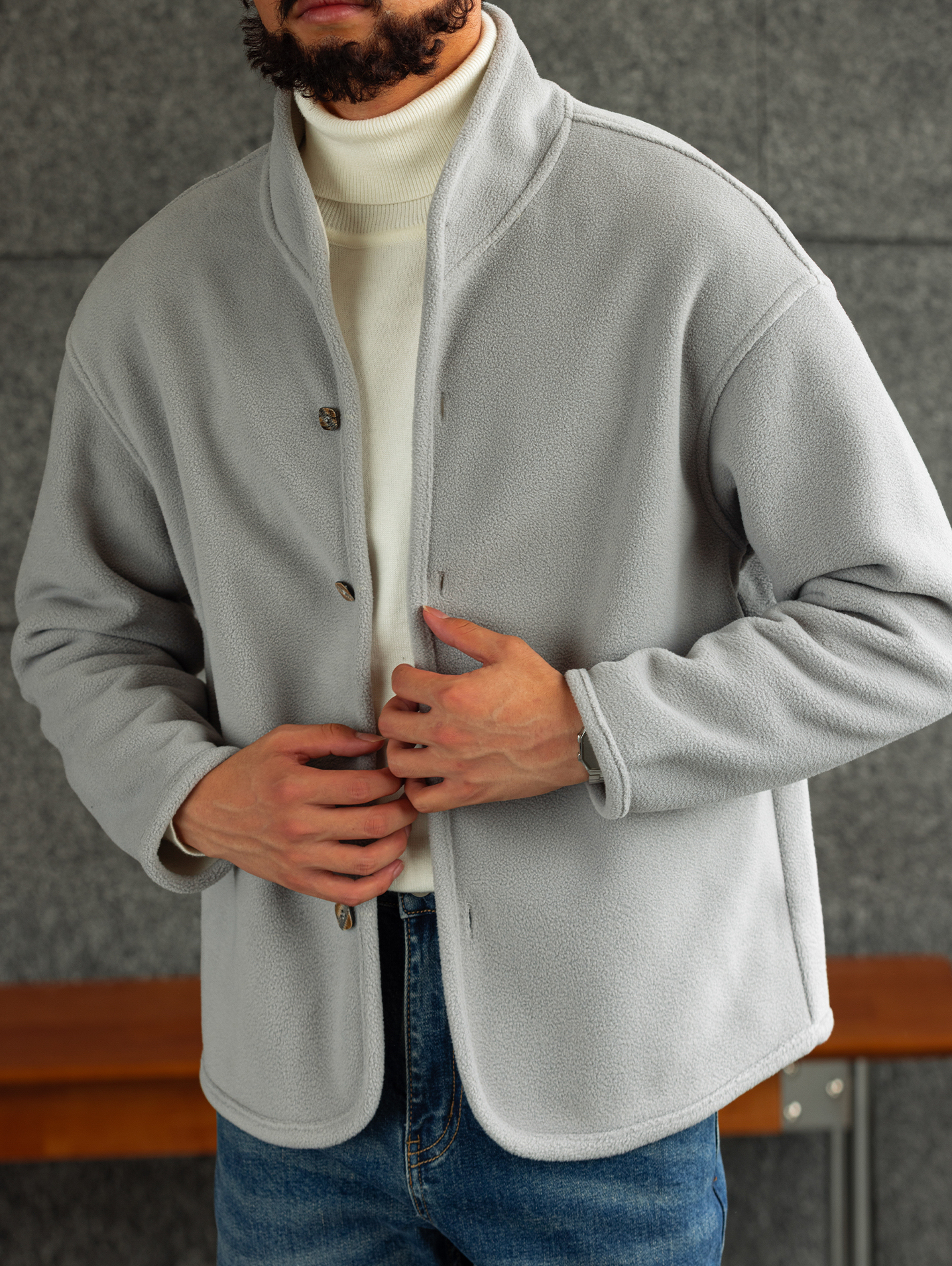 【雲暮暖絨】防風廓形立領搖粒絨夾克男秋冬內搭保暖外套