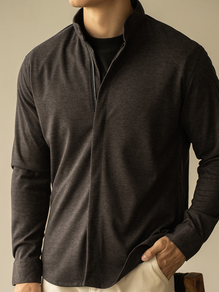 輕商務毛呢拉鍊長袖襯衫男士青年秋冬季新款修身休閒外套