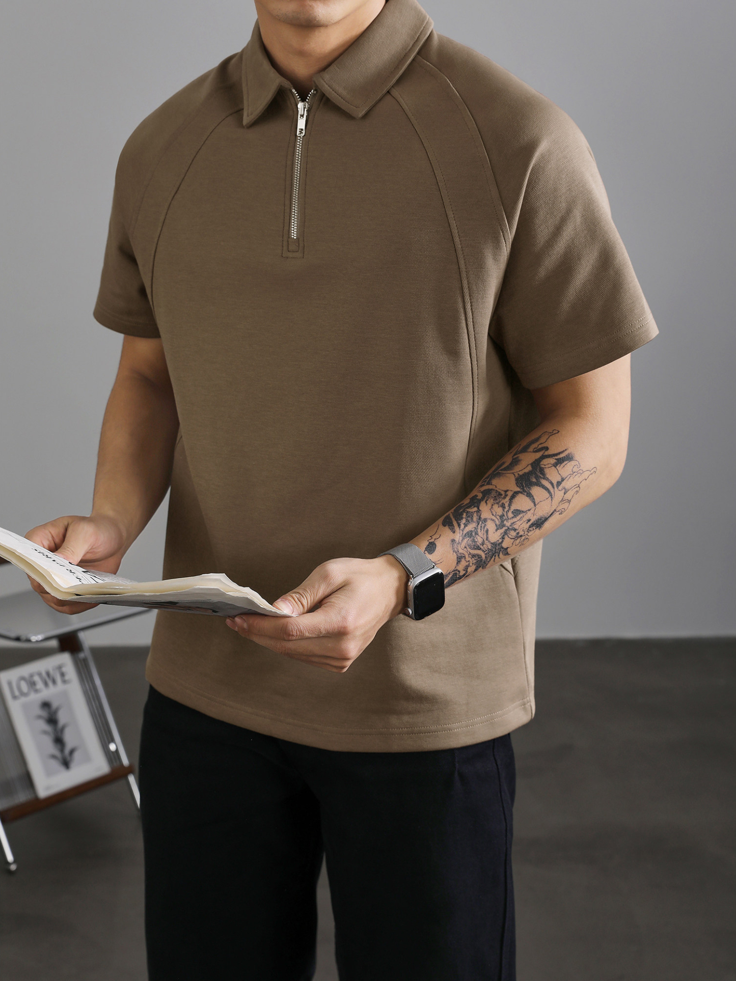 半拉鍊短袖Polo衫男款夏季寬鬆重磅插肩袖T恤輕熟風翻領上衣