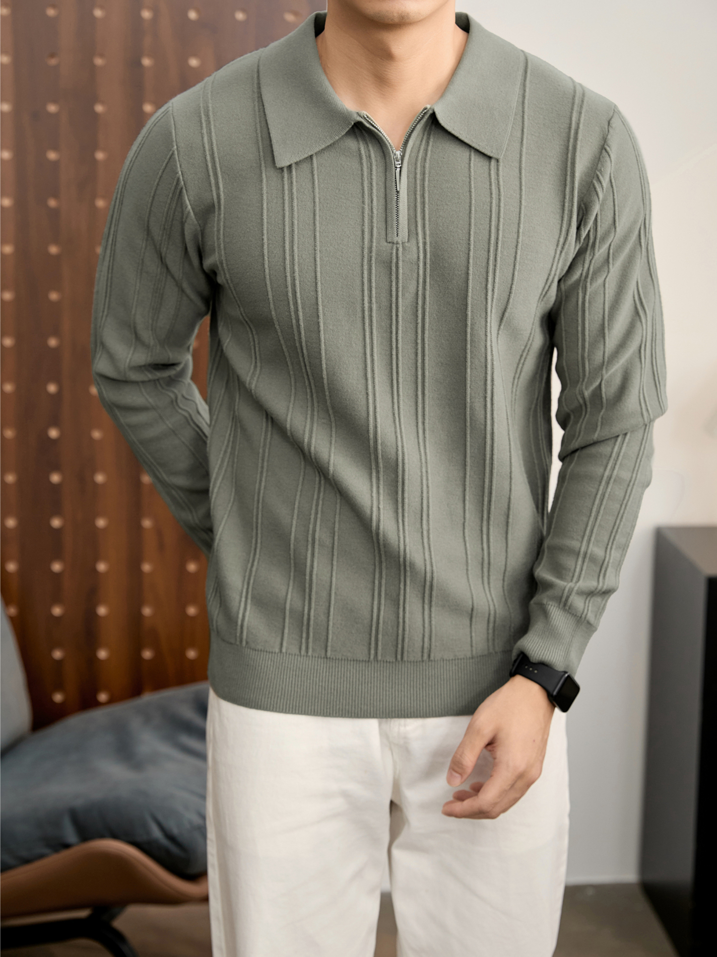 復古老錢半拉鍊翻領針織衫男秋冬豎紋肌理提花抗起球POLO衫