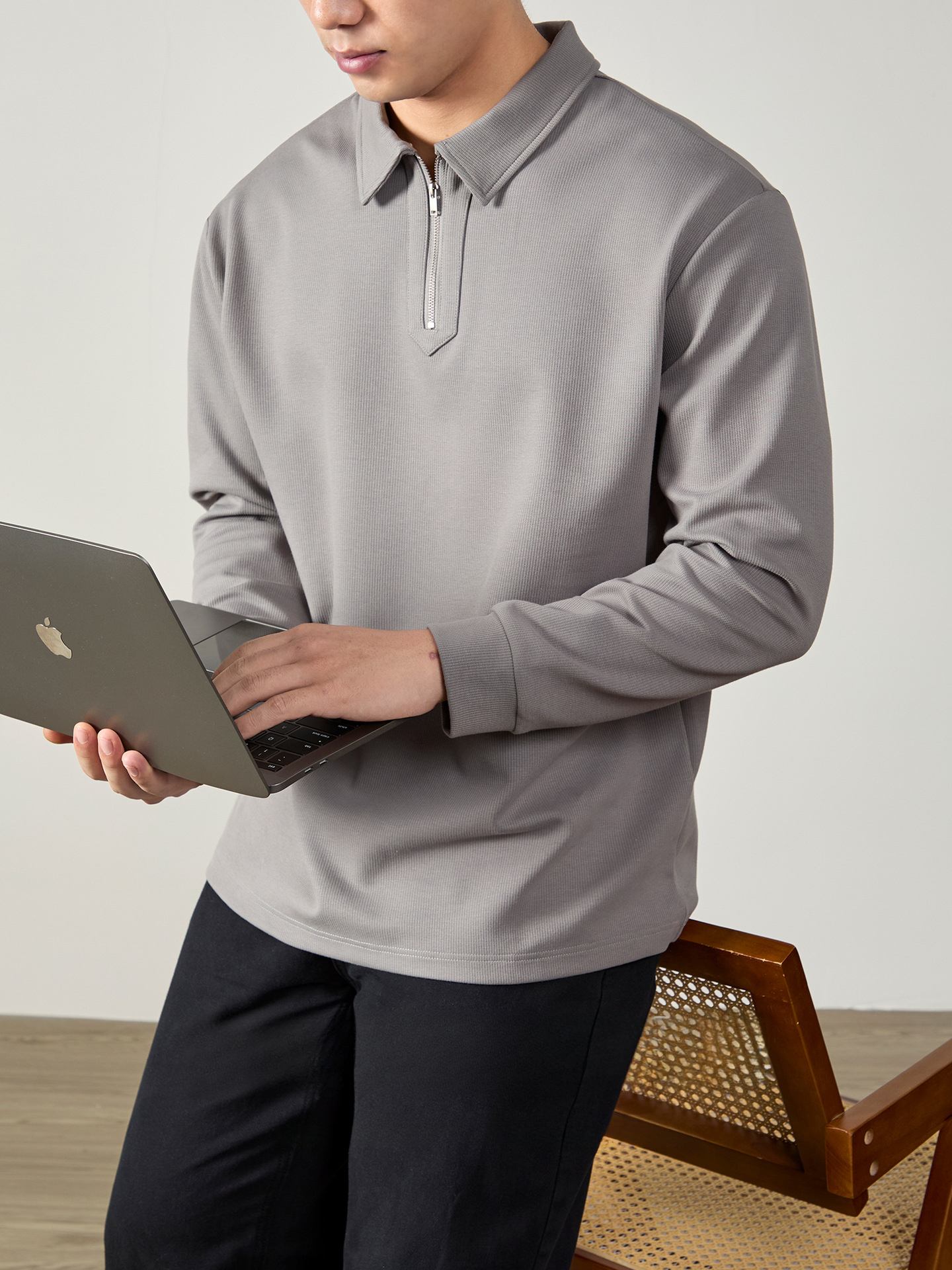 輕奢商務 重磅320G格紋棉感半拉鍊休閒衛衣男2026春秋翻領POLO衫