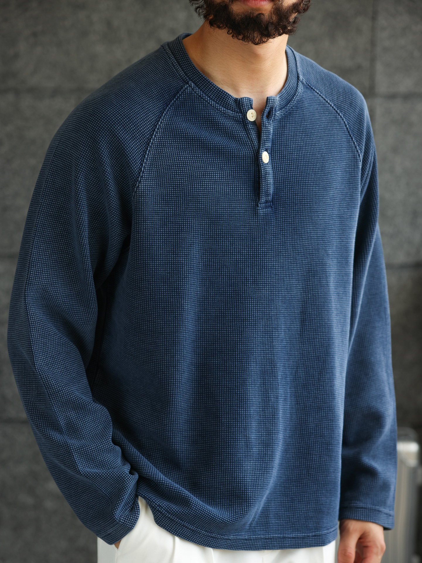 【紳士型格】水洗長袖亨利衫T恤男士美式華夫格打底衛衣