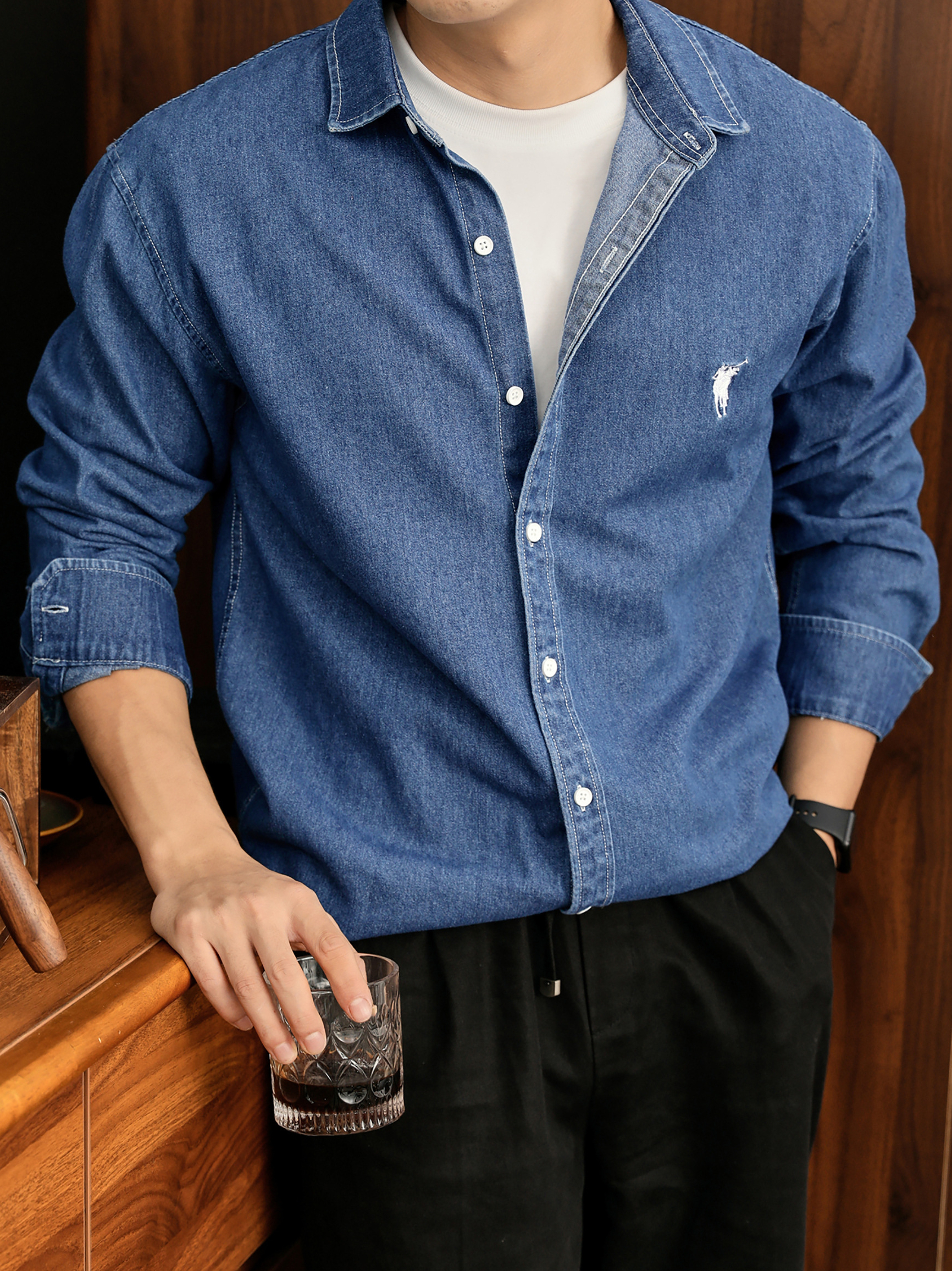 美式潮牌復古水洗做舊騎士刺繡100%純棉牛仔休閒長袖襯衫男