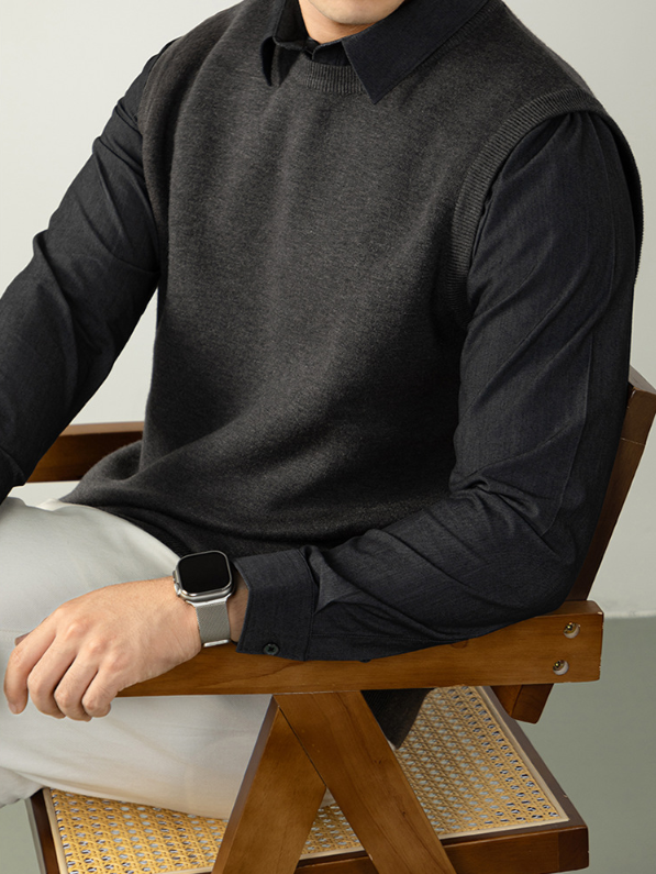 【澳羚一體絨】襯衫領加絨加厚假兩件針織衫男士冬季商務通勤毛衣