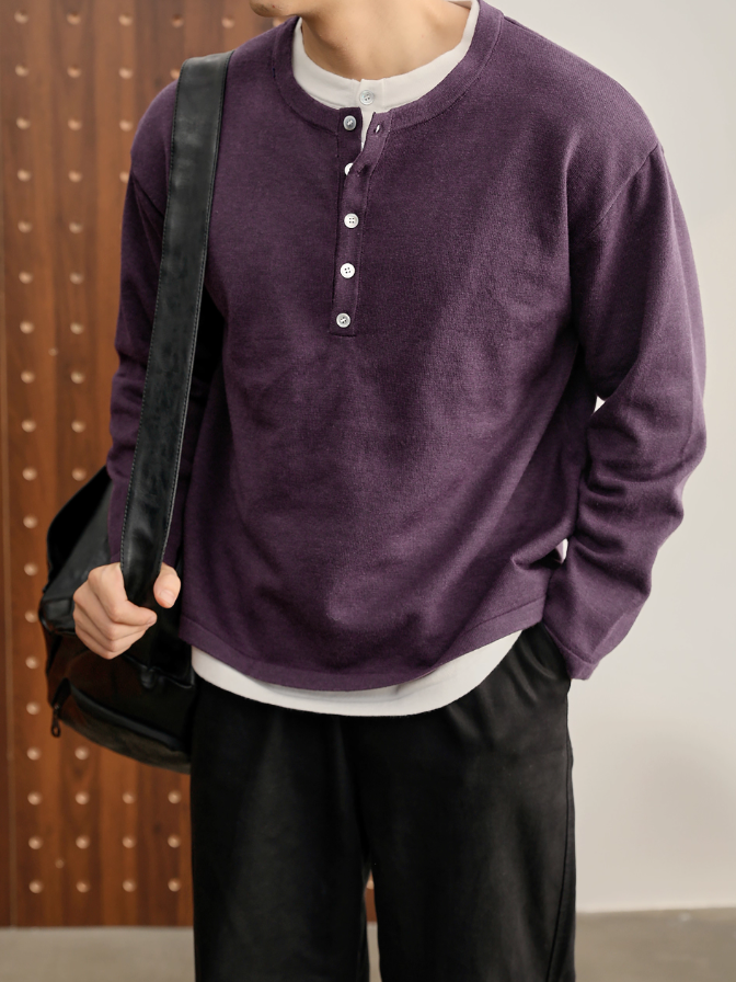 時髦高智感假兩件撞色亨利領針織衫男士秋季休閒百搭長袖T恤