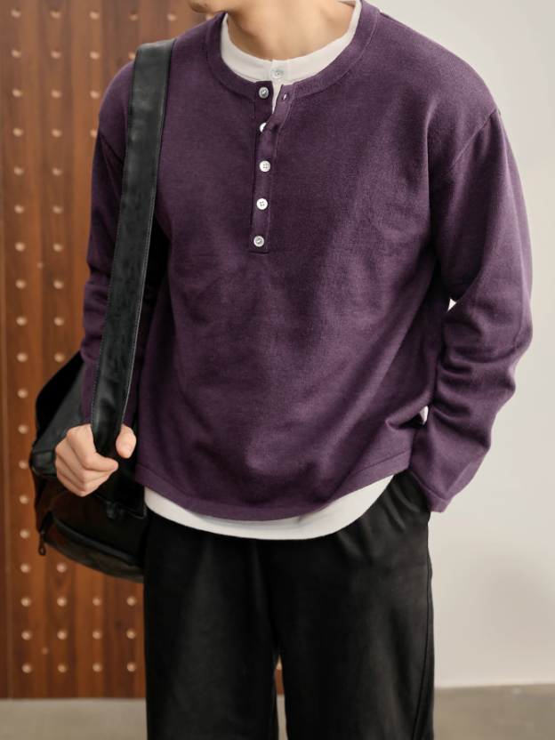 時髦高智感假兩件撞色亨利領針織衫男士秋季休閒百搭長袖T恤