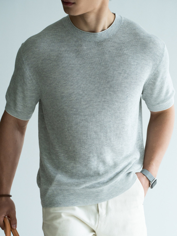 豎紋肌理萊塞爾混紡針織T恤男士2026春季新款老錢風透氣羅紋毛衣