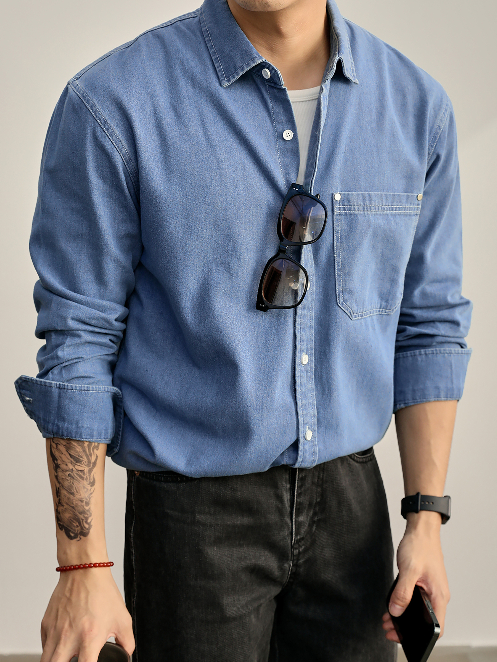 美式復古輯明線鉚釘貼袋設計100%純棉牛仔長袖男士襯衫外套