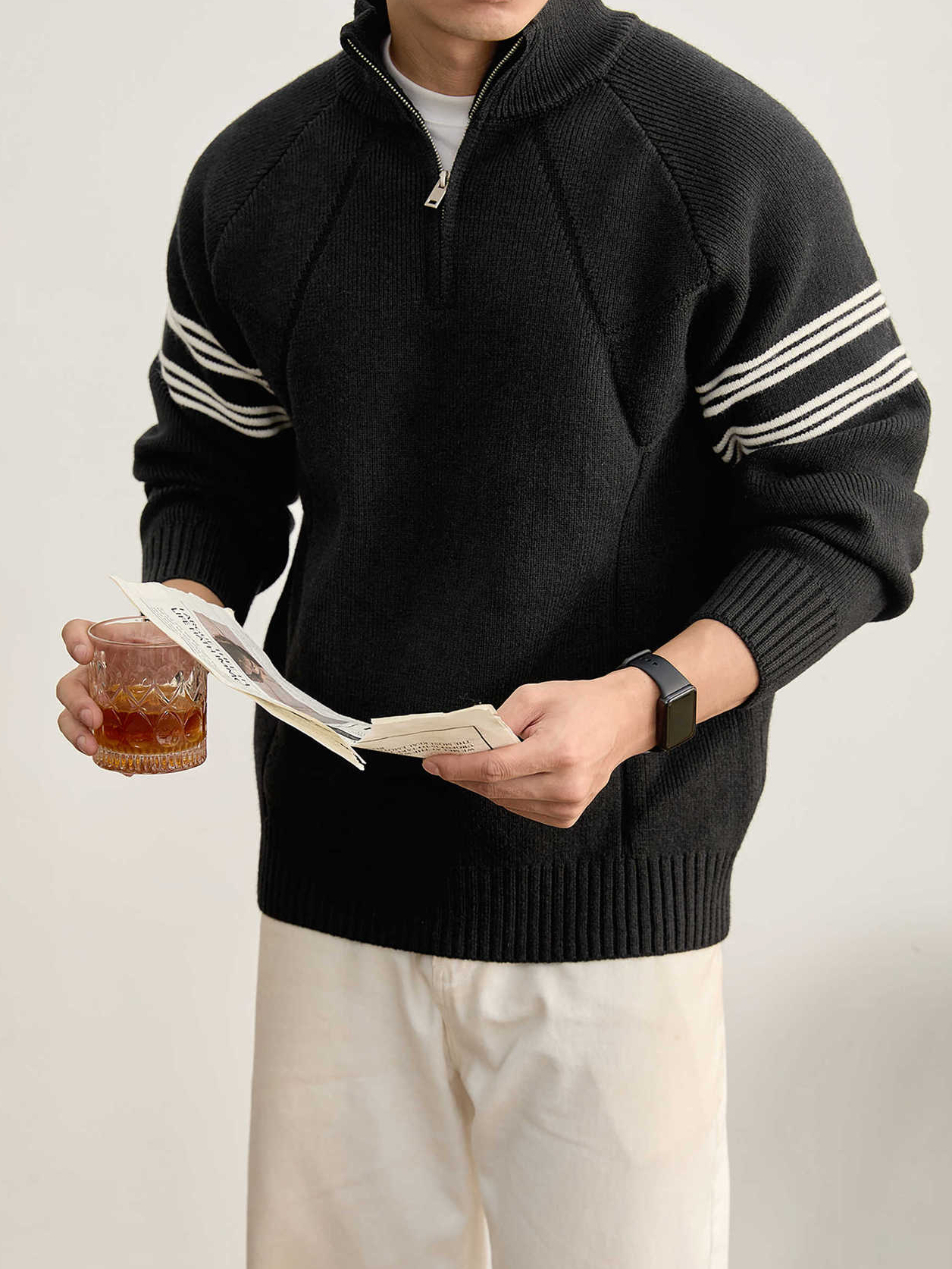 重磅830克半拉鍊立領長袖毛衣男冬裝紗線紋理休閒保暖針織衫