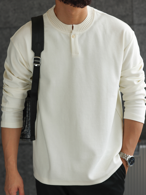 【紳士型格】針織亨利領緞紋肌理長袖T恤男士休閒打底衫
