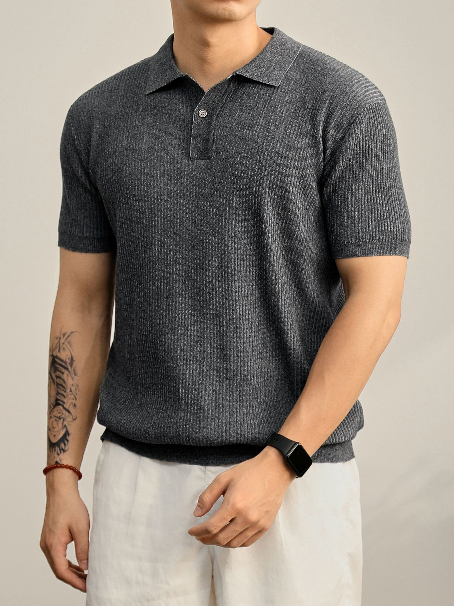 老錢輕熟風夏季涼感坑條肌理感針織POLO衫男士半拉鍊翻領T恤