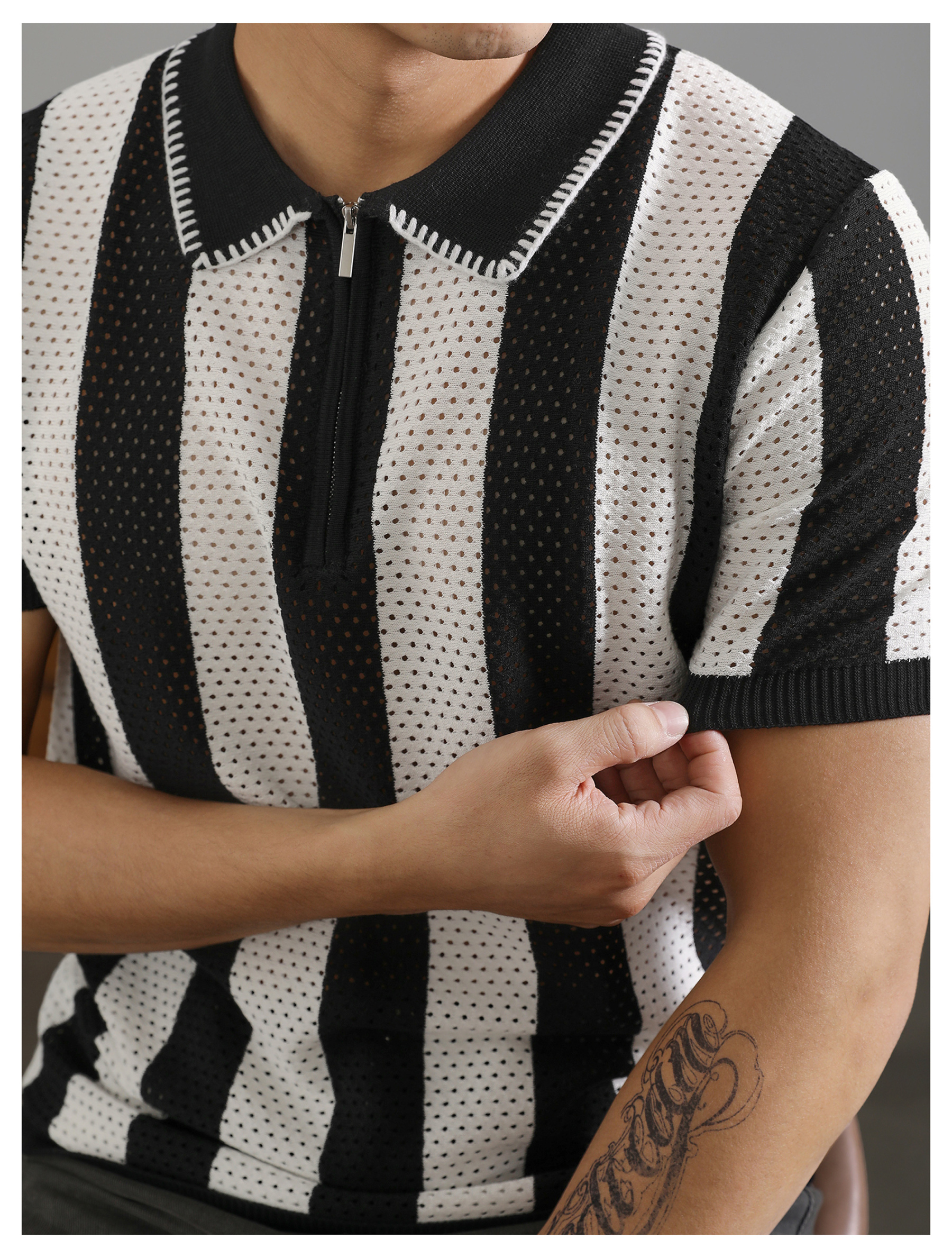 半拉鍊翻領polo衫短袖男士復古鏤空針織衫高級感潮牌保羅衫