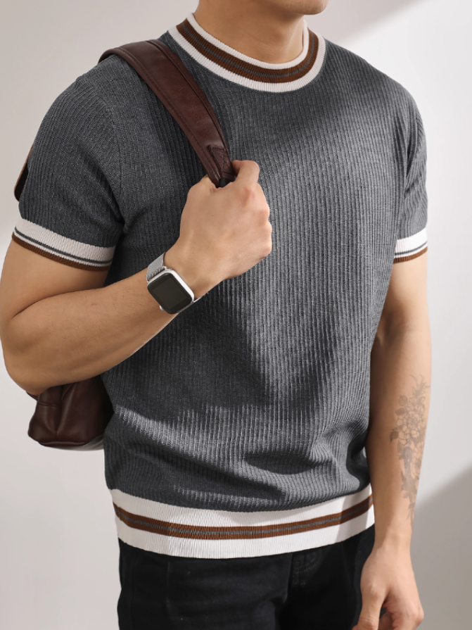 輕熟風氣質韓版短袖針織衫復古撞色條品質冰爽絲潮男T恤上衣