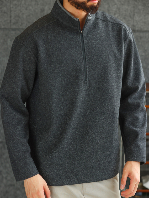 【紳士型格】絨面立領長袖POLO衫男士重磅棉質半拉鍊衛衣