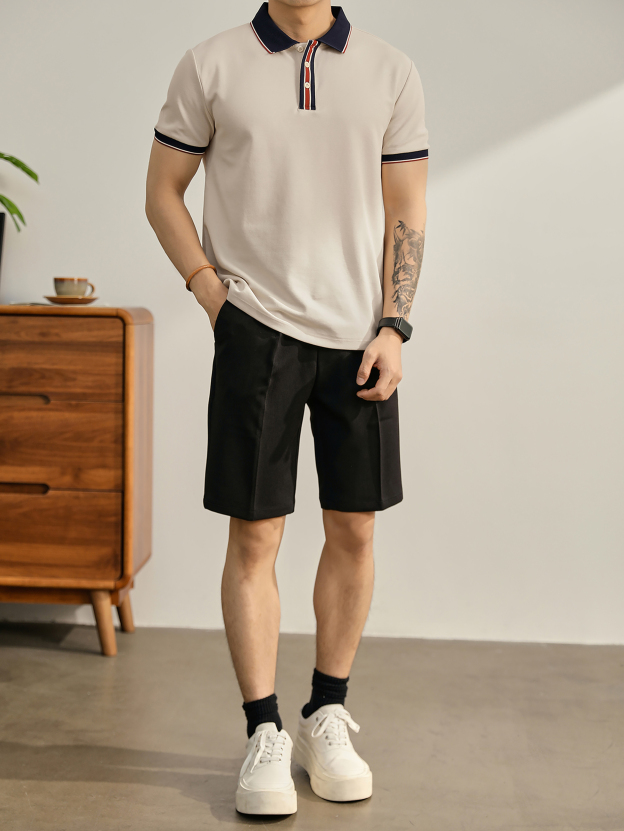 輕奢氣質感撞色翻領短袖保羅衫男士針織拼料上衣透氣Polo衫