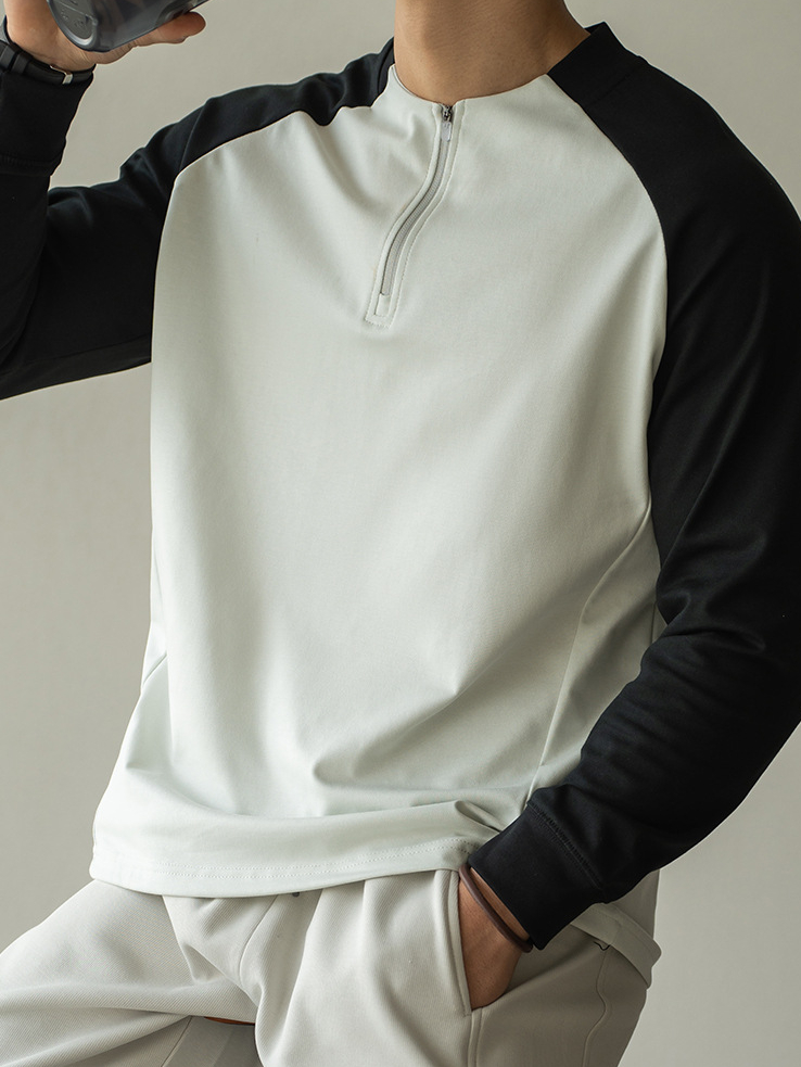輕量化插肩袖撞色半拉鍊長袖T恤男新款春季速乾透氣運動騎行
