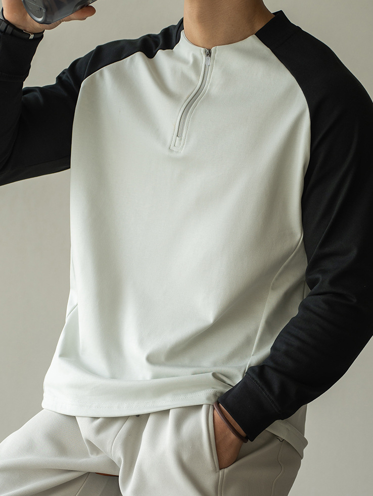 輕量化插肩袖撞色半拉鍊長袖T恤男新款春季速乾透氣運動騎行
