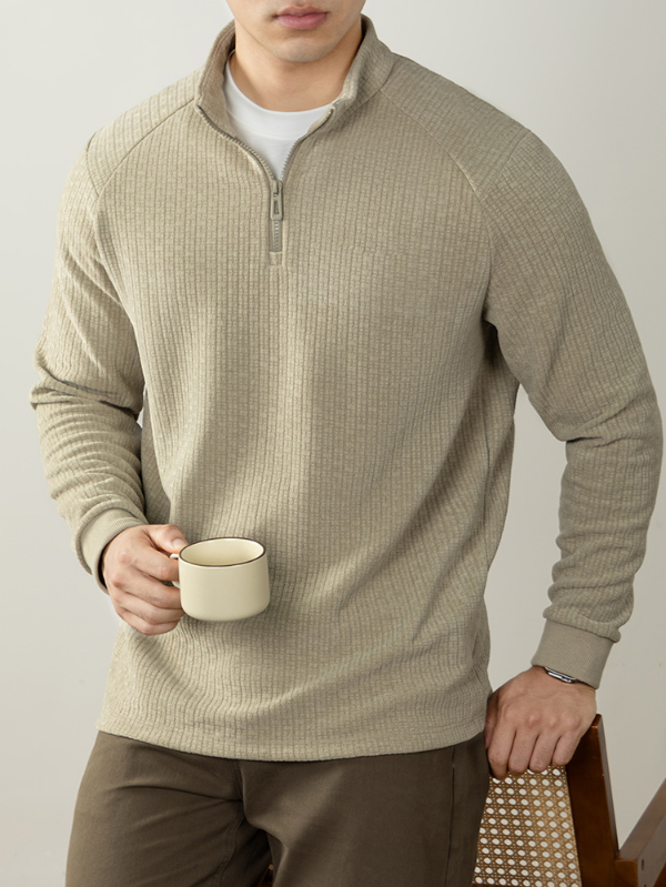 【羊毛X桑蠶絲】隱奢質感衛衣男長袖打底衫高端商務提花拉鍊立領