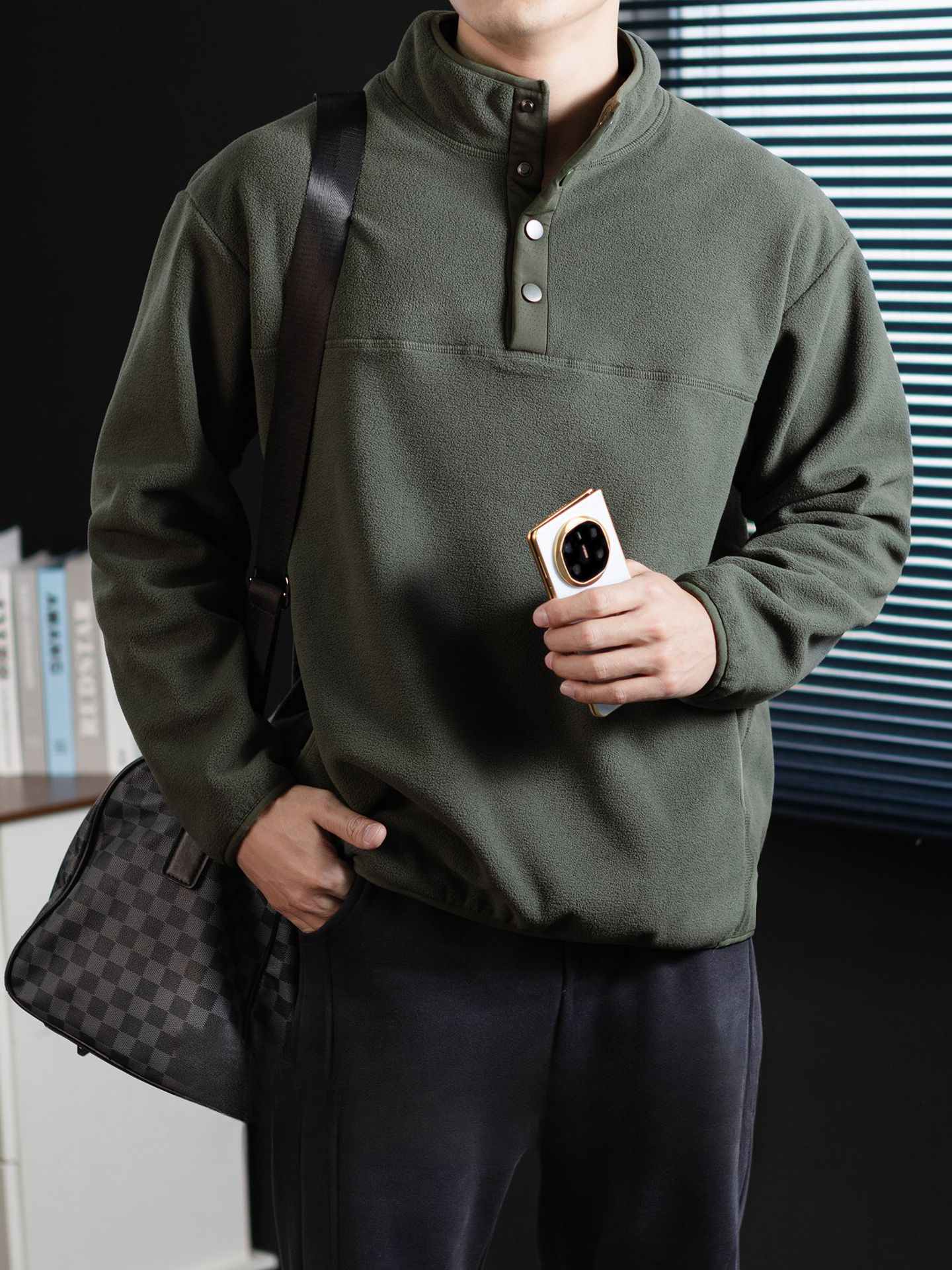 300G重磅搖粒絨半開襟亨利領衛衣男士高級感冬季保暖加絨加厚上衣