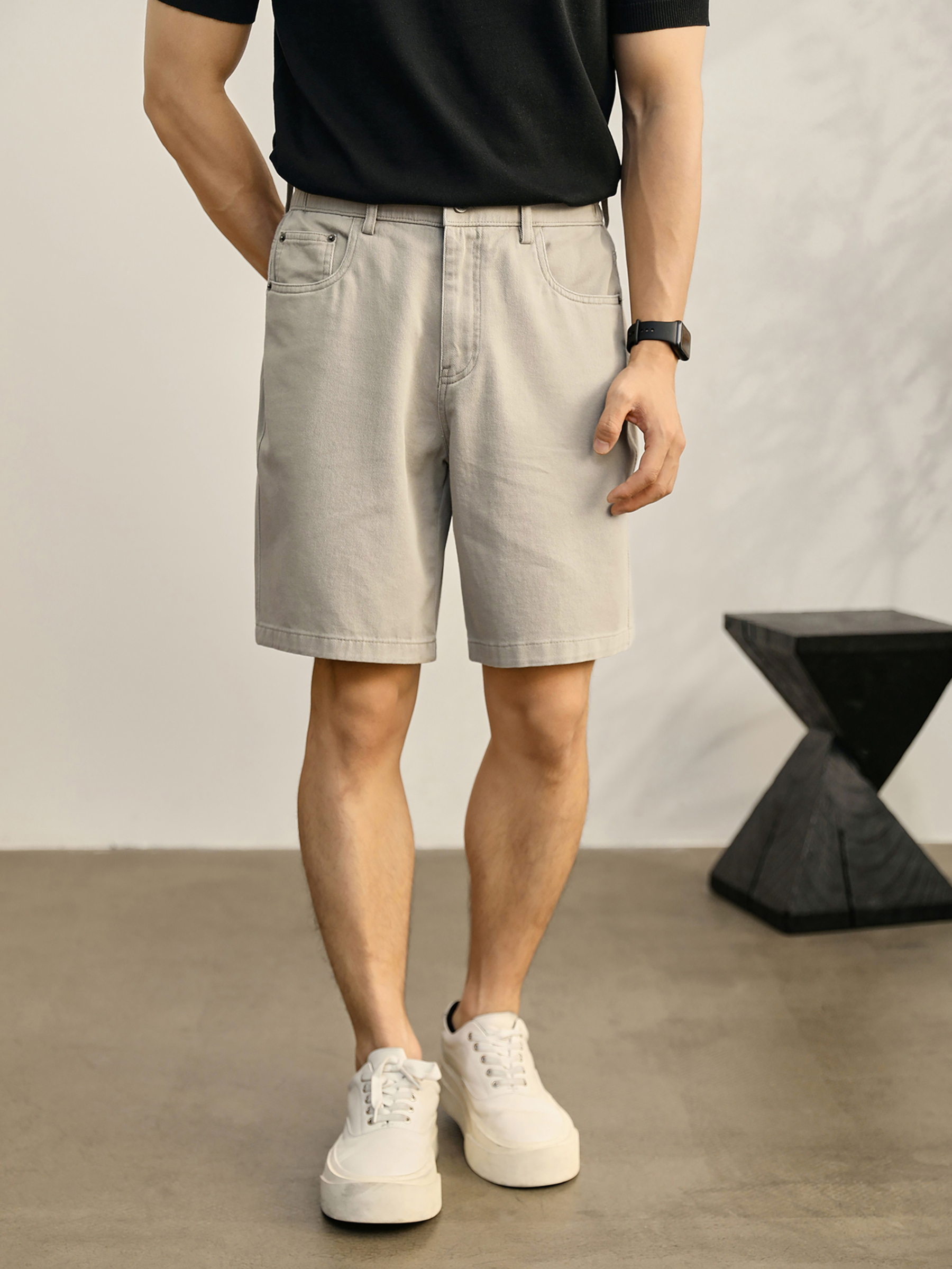 復古水洗純色直筒牛仔短褲男夏季舒適純棉時尚潮流工裝中褲