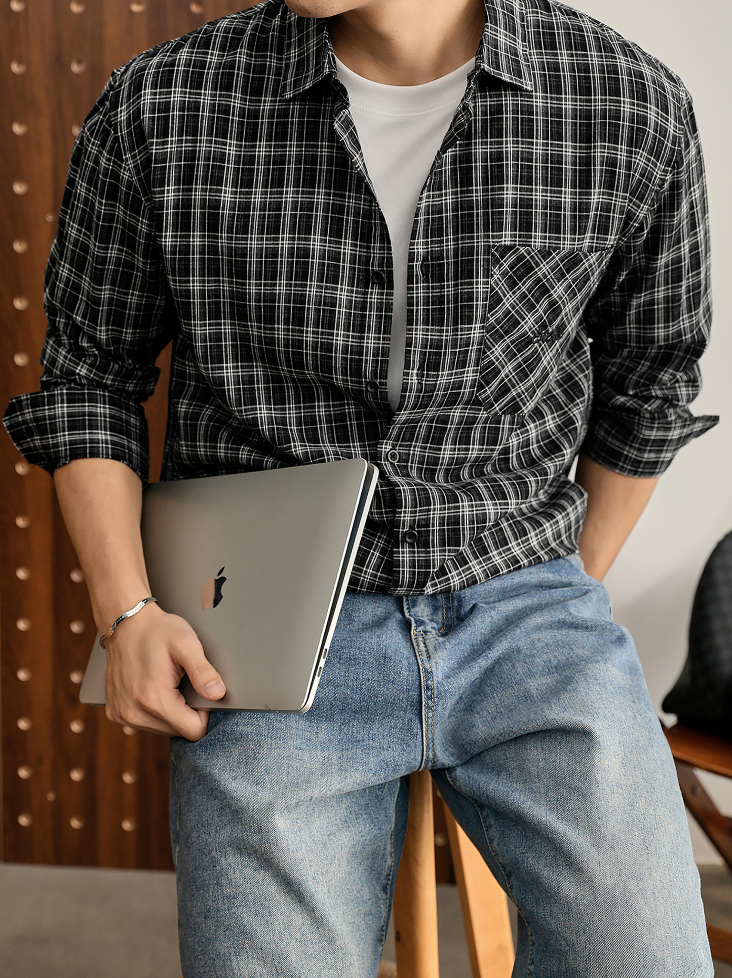 美式復古慵懶格子100%純棉長袖襯衫男休閒cleanfit襯衣外套