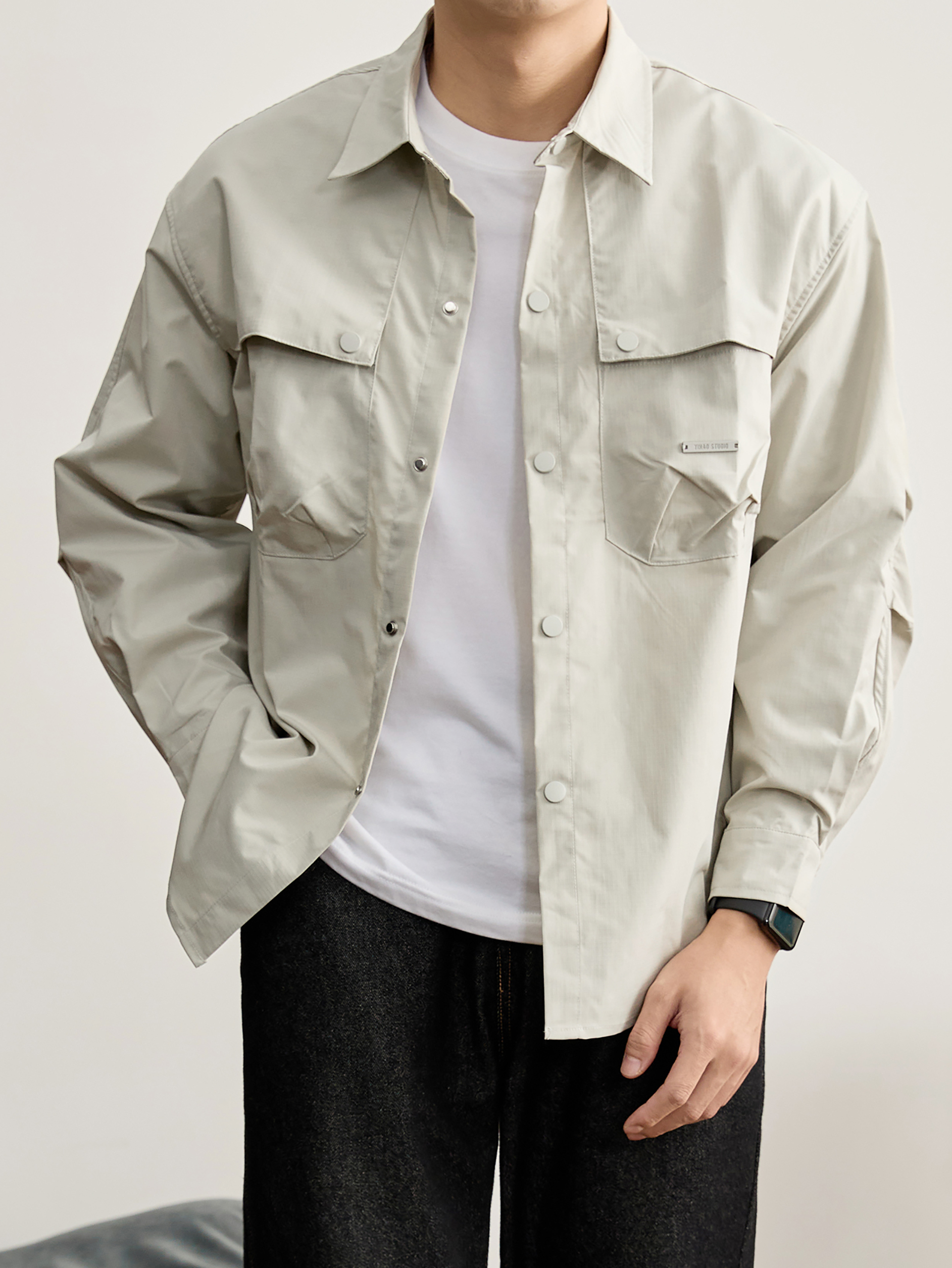 日系防風抽褶袖男士工裝襯衫秋冬純色格子肌理多口袋薄外套