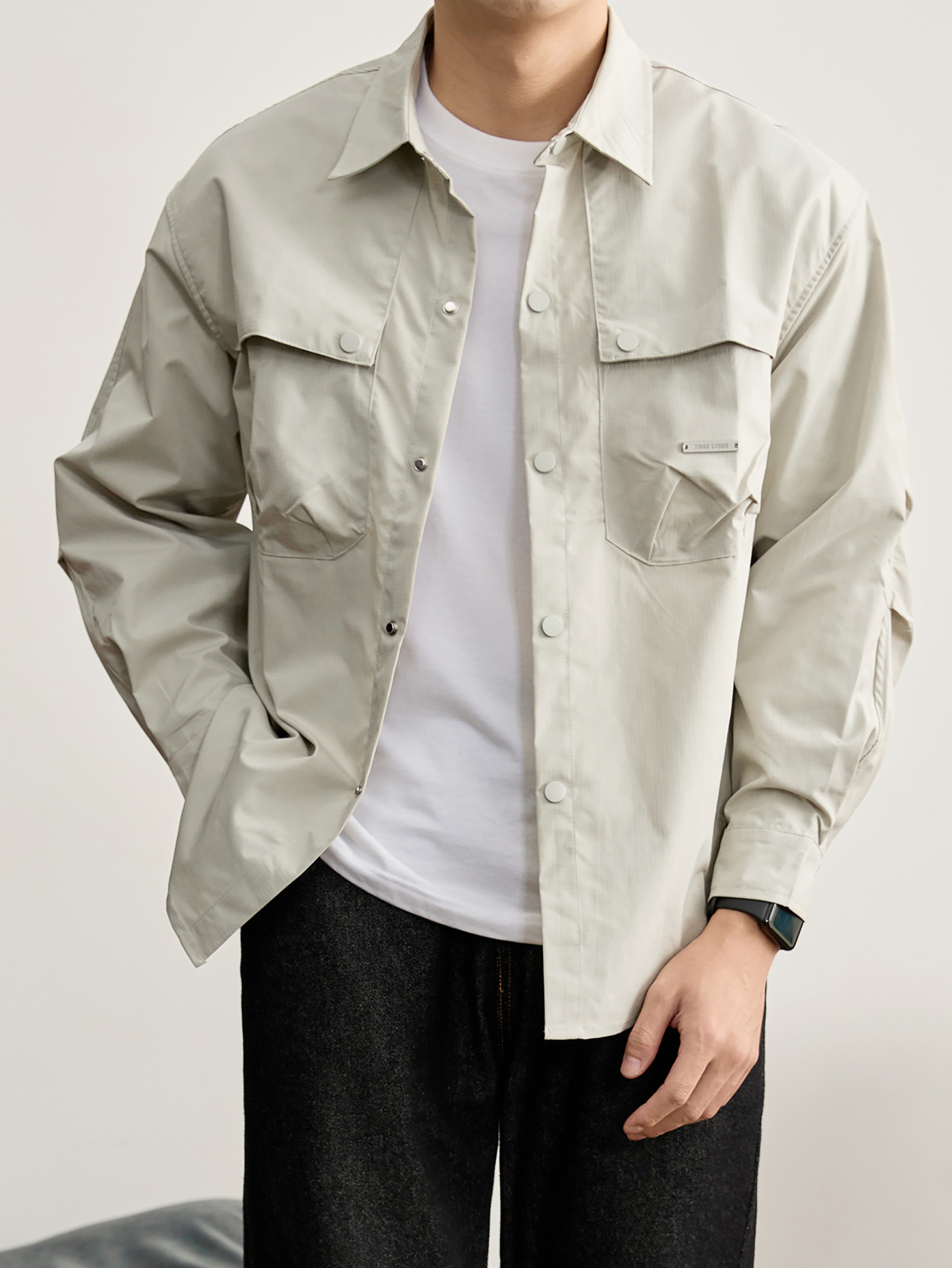 日系防風抽褶袖男士工裝襯衫秋冬純色格子肌理多口袋薄外套