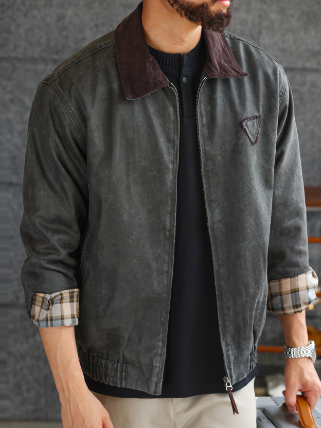 【磨毛質感】水洗油蠟皮紋理撞色翻領夾克男商務休閒外套