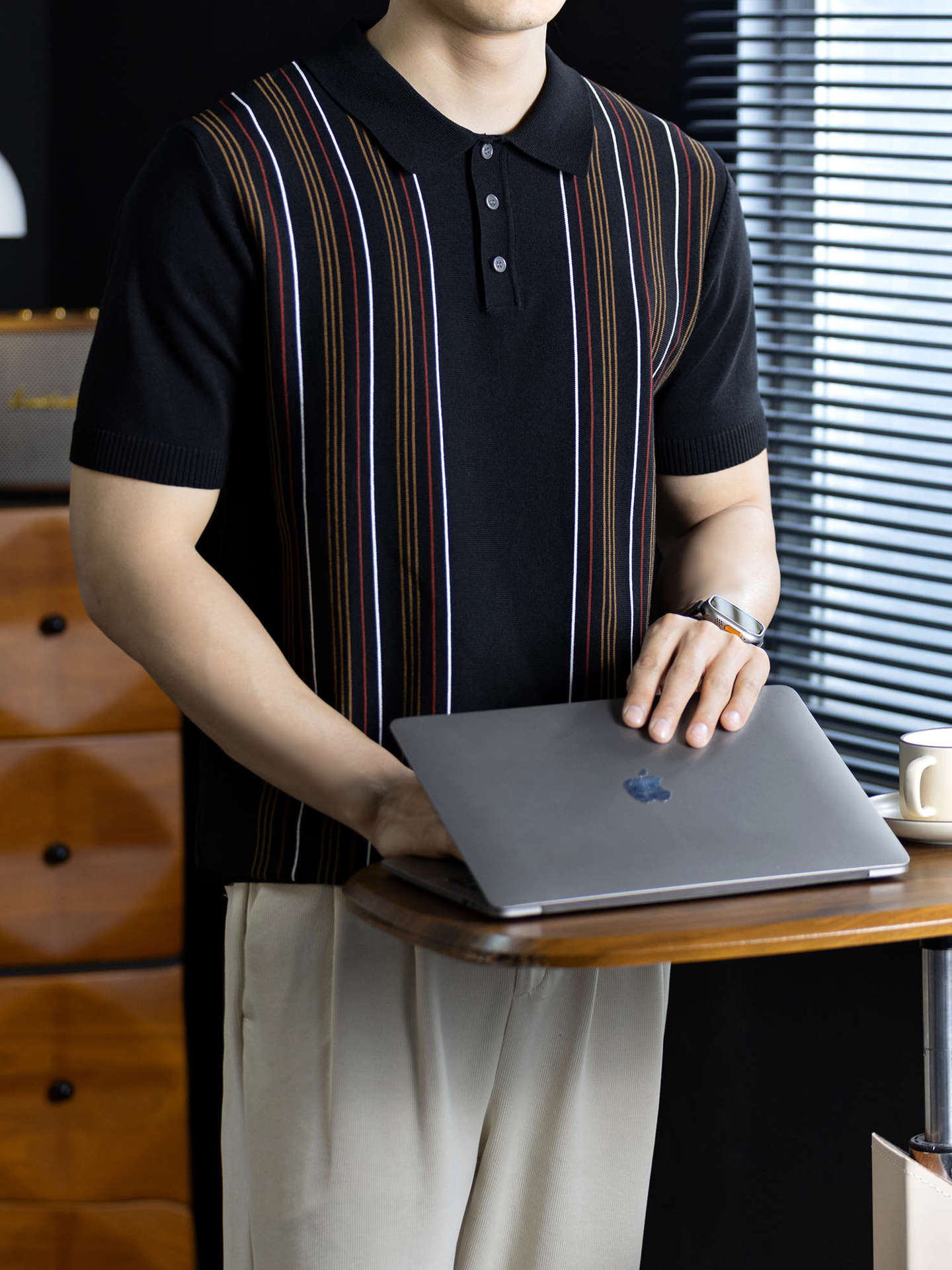 意式老錢風撞色復古條紋短袖針織衫男夏季排汗通勤涼感翻領POLO衫