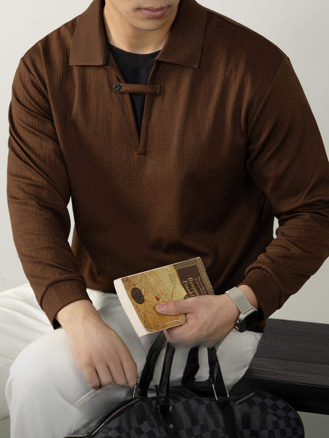 【高智感•假兩件】 褶皺肌理長袖POLO衫男士商務休閒搭扣設計感