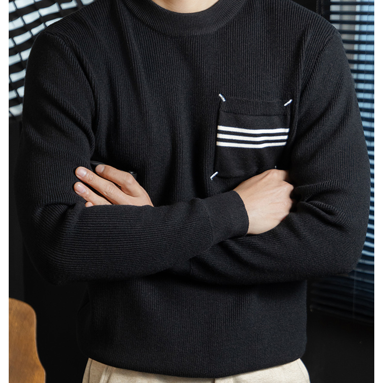 優雅氣質加厚圓領針織衫男士彈力抗起球保暖條紋口袋毛衣2026秋冬