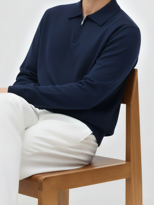 高端商務通勤 羊毛莫代爾 設計感拉鍊翻領毛衣男士冬季保暖針織衫