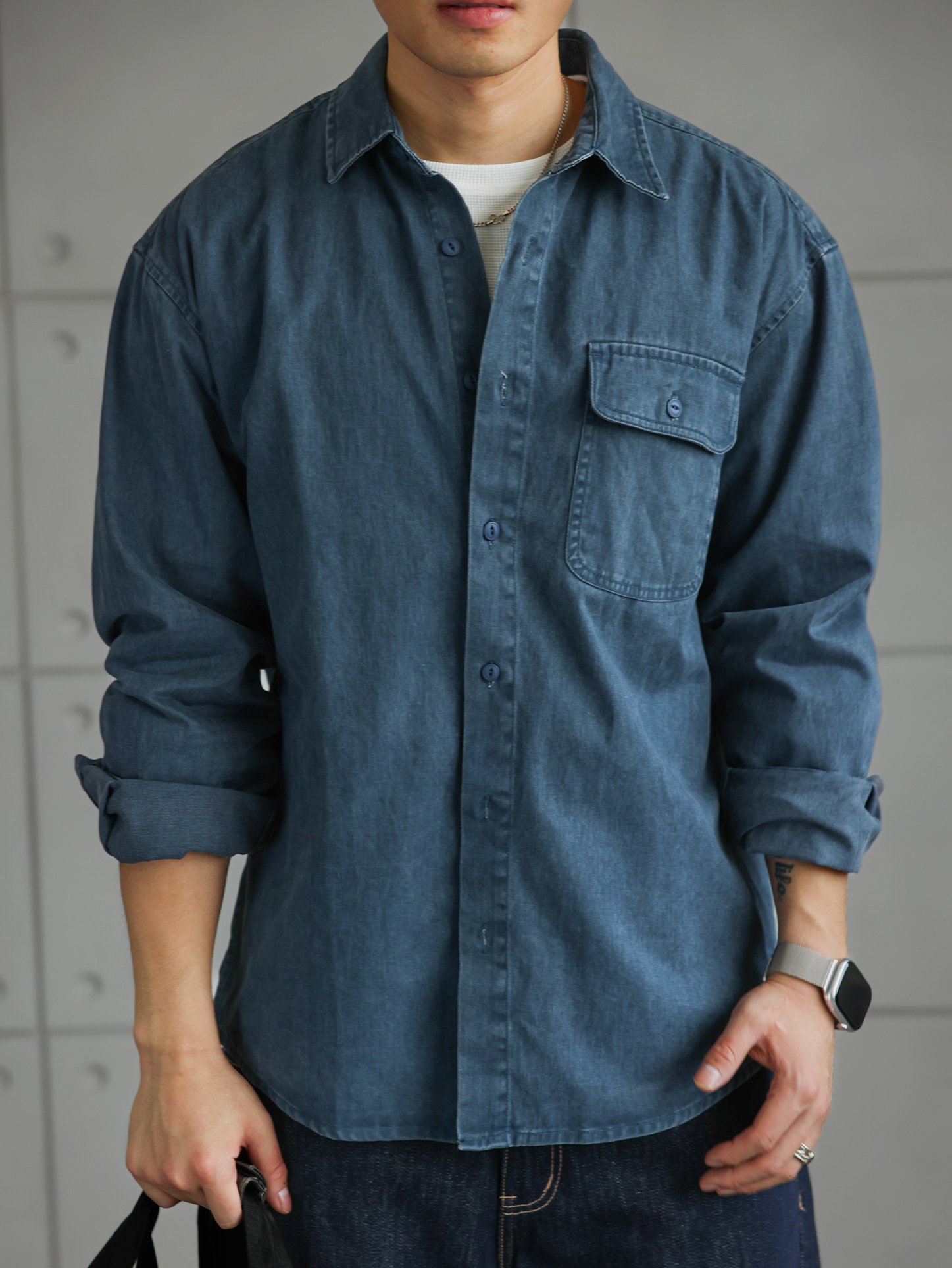 【多瑙河畔】法工藍仿牛仔不掉色襯衣男秋季輕熟紳士襯衫