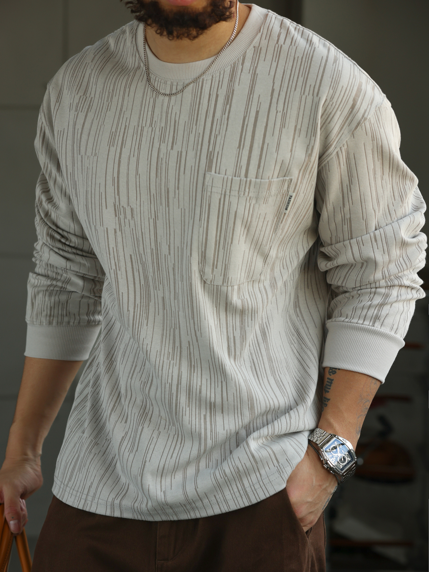 【布魯克林記憶】300g肌理質感長袖T恤男士圓領休閒上衣