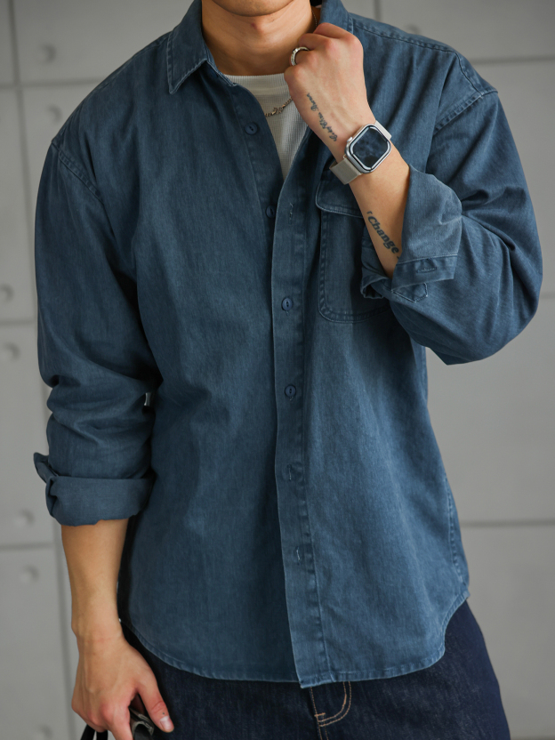 【多瑙河畔】法工藍仿牛仔不掉色襯衣男秋季輕熟紳士襯衫