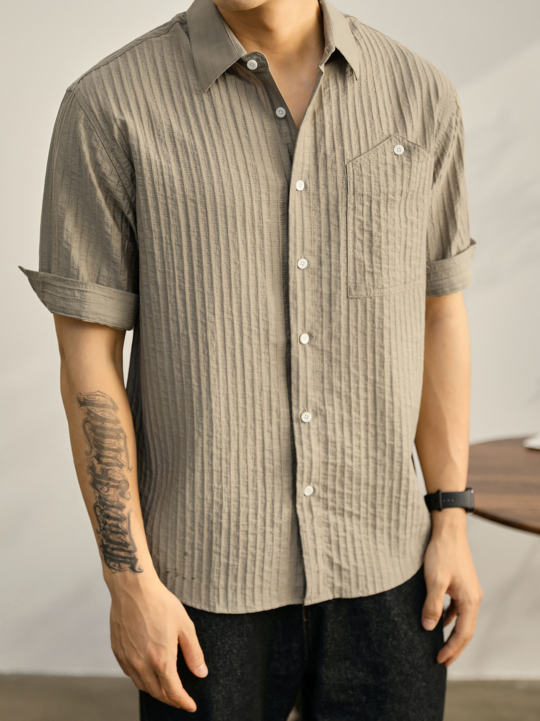 時尚潮流帥氣單穿襯衫男萊賽爾透氣襯衣泡泡肌理感紋理短袖