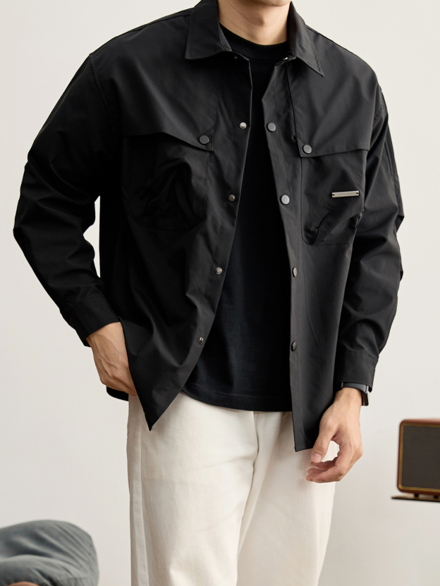 日系防風抽褶袖男士工裝襯衫秋冬純色格子肌理多口袋薄外套