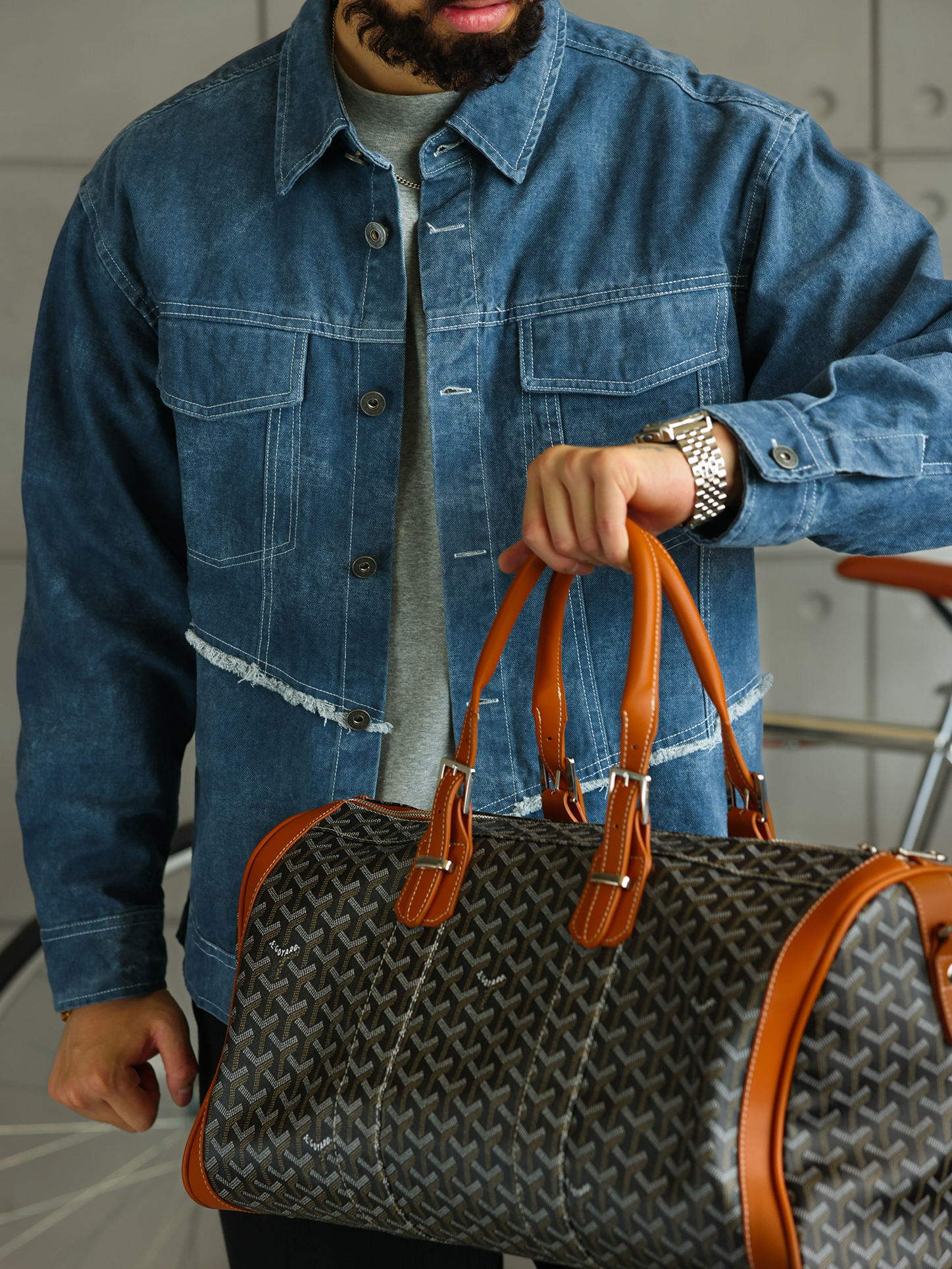 【大阪街頭】破邊拼接酵素水洗棉牛仔夾克男工裝外套上衣