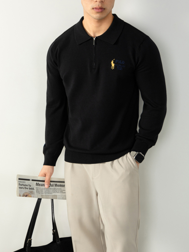 半拉鍊針織衫輕熟男士商務通勤保暖刺繡毛衣冬季