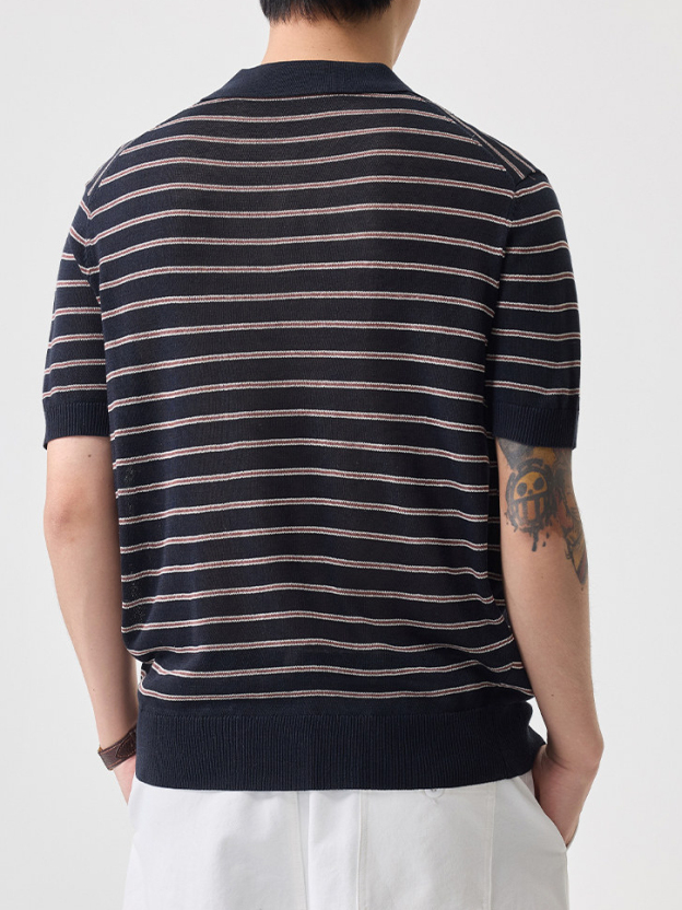 老钱简约风短袖T恤男士针织衫半袖t夏季新款翻领宽松百搭条纹日系