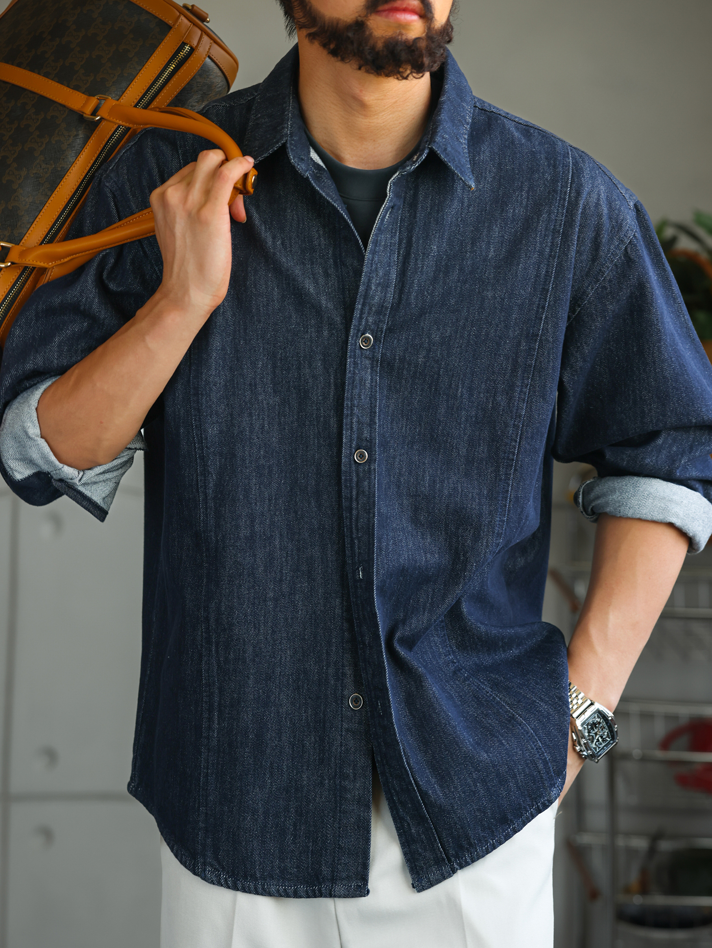 【原色丹寧】酵素水洗棉質牛仔長袖襯衫男士休閒商務襯衣